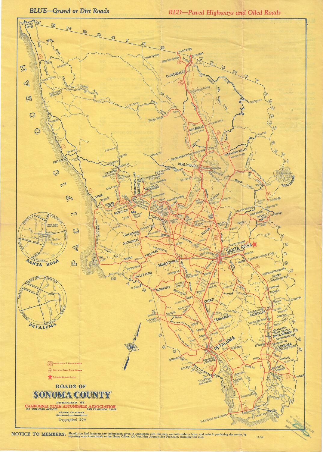 1934 CSAA Road Map for Sonoma County on yellow folio