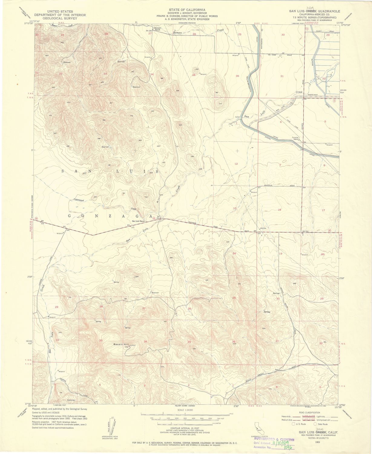 1953  San Luis Creek / Dam Quad 7.5 minute Map
