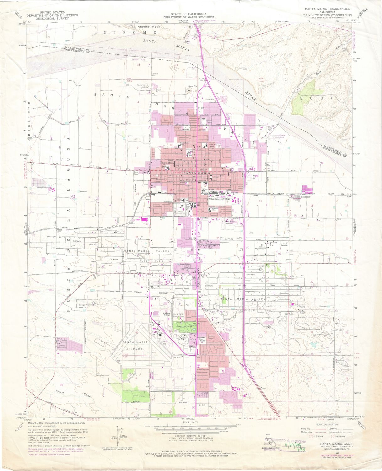 1974 (1959) USGS Santa Maria Quad 7.5 Minute Map