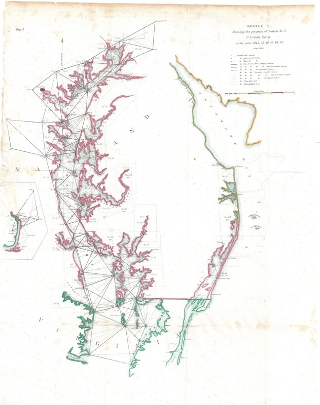 1844-49 Chesapeake DE Bay by the USCS as a Folding Folio in Lithography, as Congressional Documents w/ hand water color