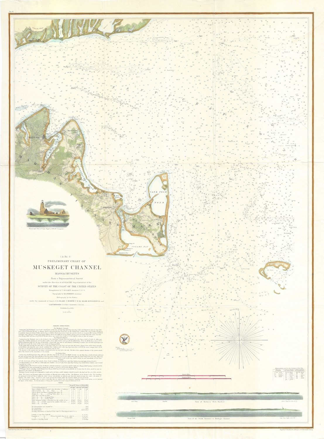 1855 Muskeget Channel , Martha&#39;s Vineyard , Mass. by the USCS as a Folding Folio in Lithography, as Congressional Documents with Hand Water Color
