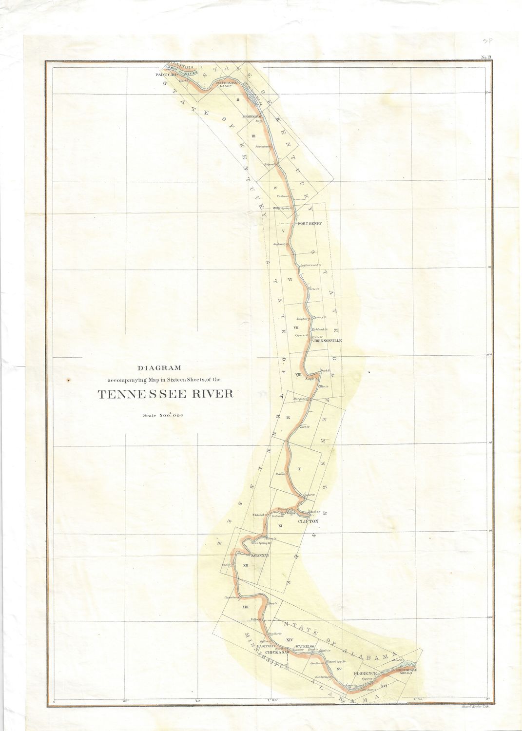 1860 Diagram of the Tennesee River , an Index sheet by the USCS as a Folding Folio in Lithography, as Congressional Documents