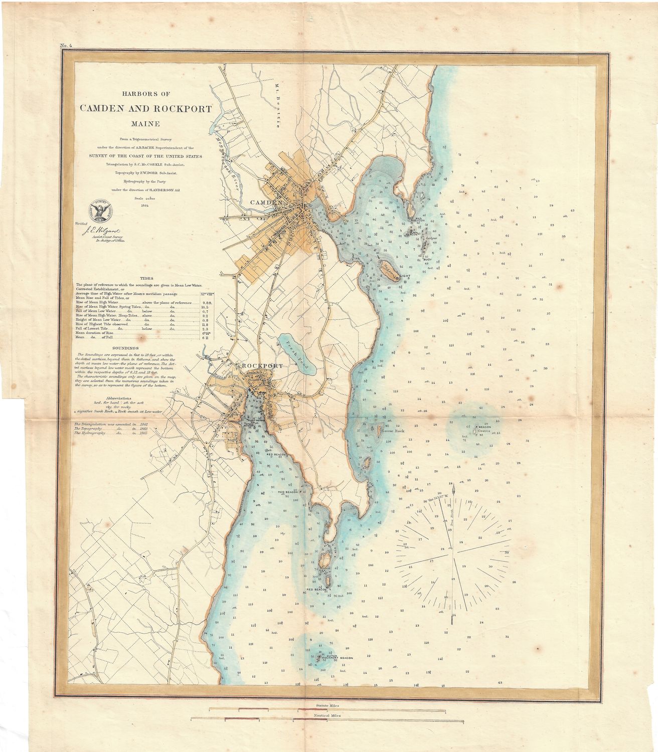 1864 Camden Rockport Harbors ME by the USCS as a Folding Folio in Lithography, as Congressional Documents w/ hand water color
