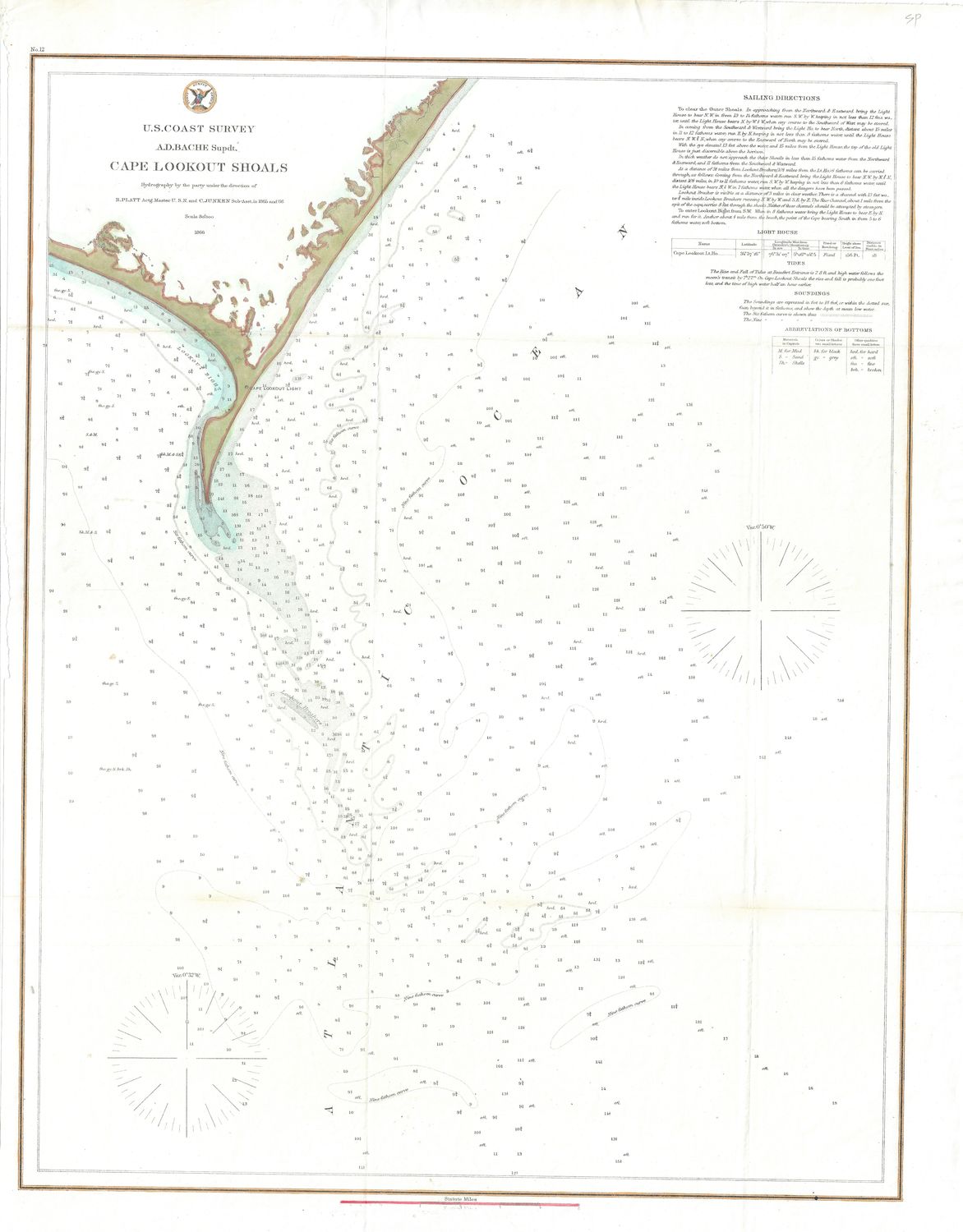 1866 Cape Lookout Shoals NC by the USCS as a Folding Folio in Lithography, as Congressional Documents w/ hand water color
