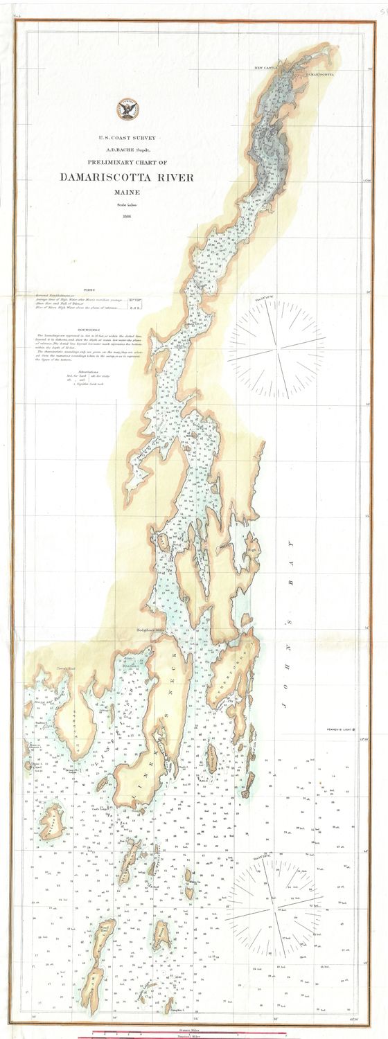 1866 Damariscotta River ME by the USCS as a Folding Folio in Lithography, as Congressional Documents w/ hand color