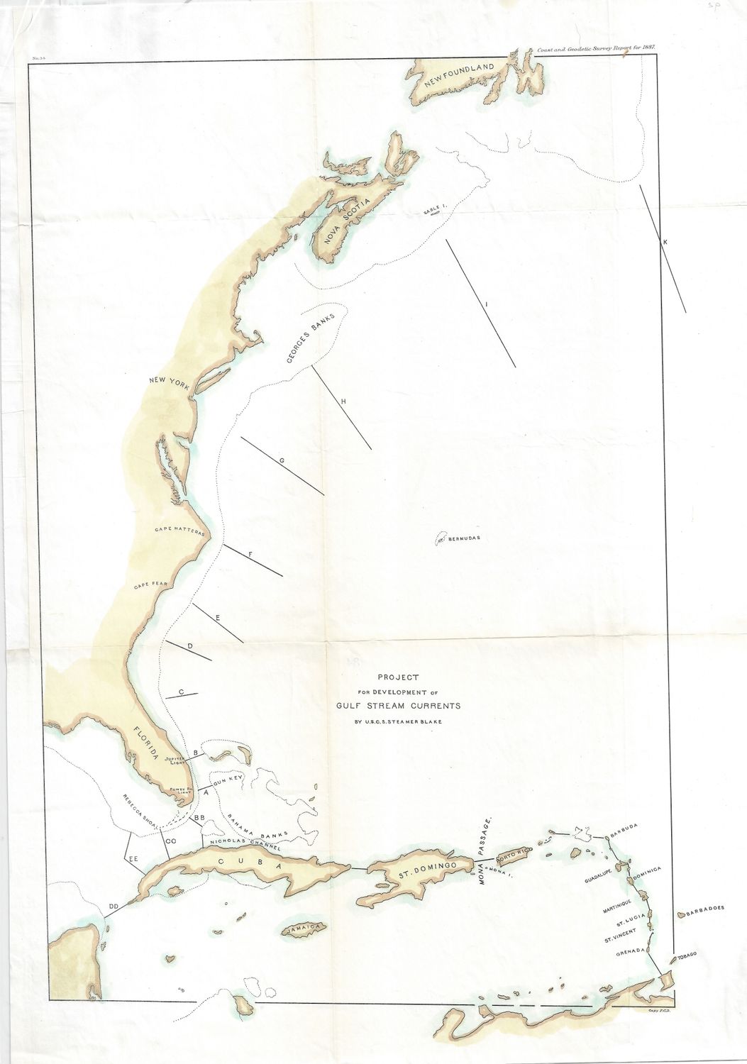 1887 Gulf Stream Cuba to Tobago by the USCS as a Folding Folio in Lithography, as Congressional Documents w/ hand water color