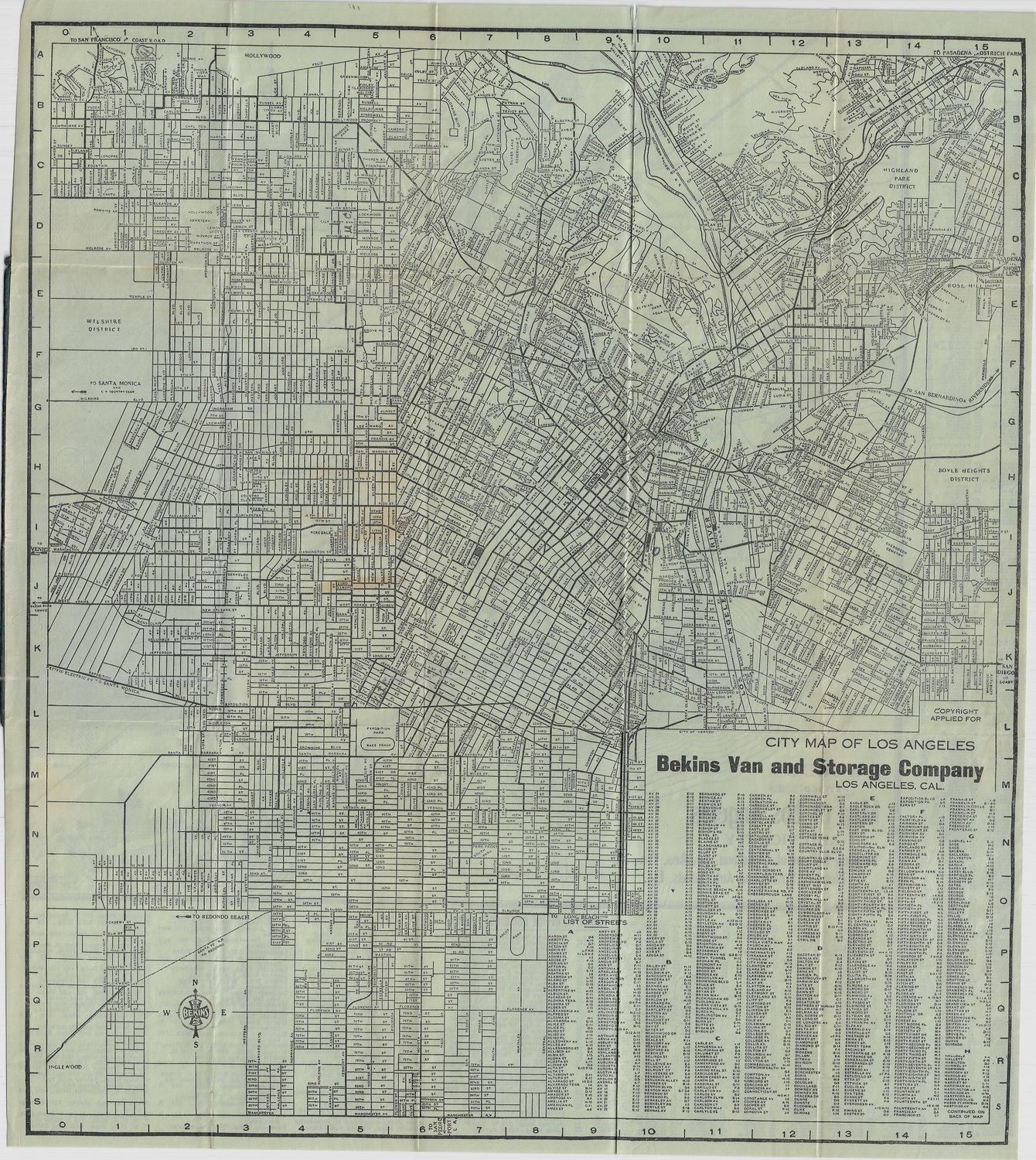 1918 Map of the City of Los Angeles from Bekins Moving and Storage in Lithography on Bluish Paper