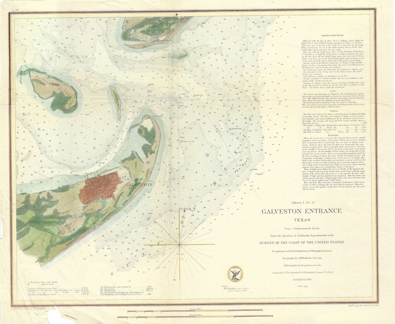 1853 USCS Galveston Tx Survey w/ Hand Color