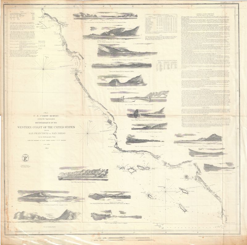 1853 USCS Western Coast w/ landfall views San Francisco to San Diego