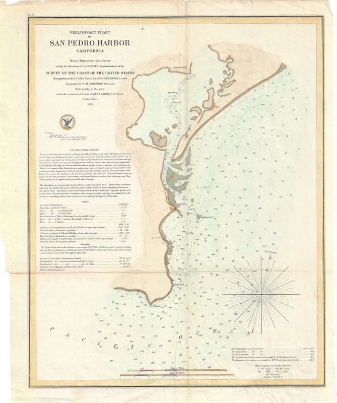 1859 USCS San Pedro Harbor a lithograph with hand color added (light logo)