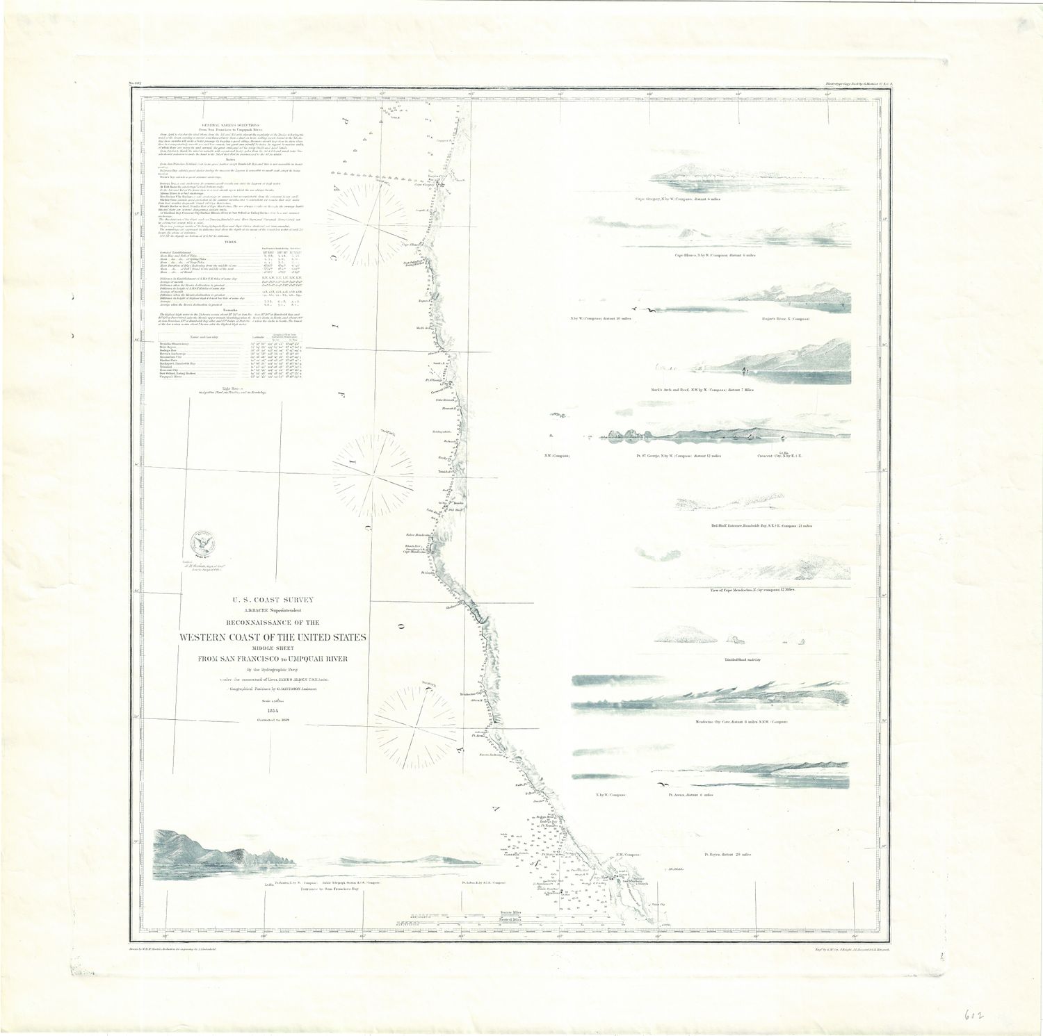 1869 (1854) USC&amp;GS Map of the Western Coast of the U.S. from San Francisco Bay to Umpquah River
