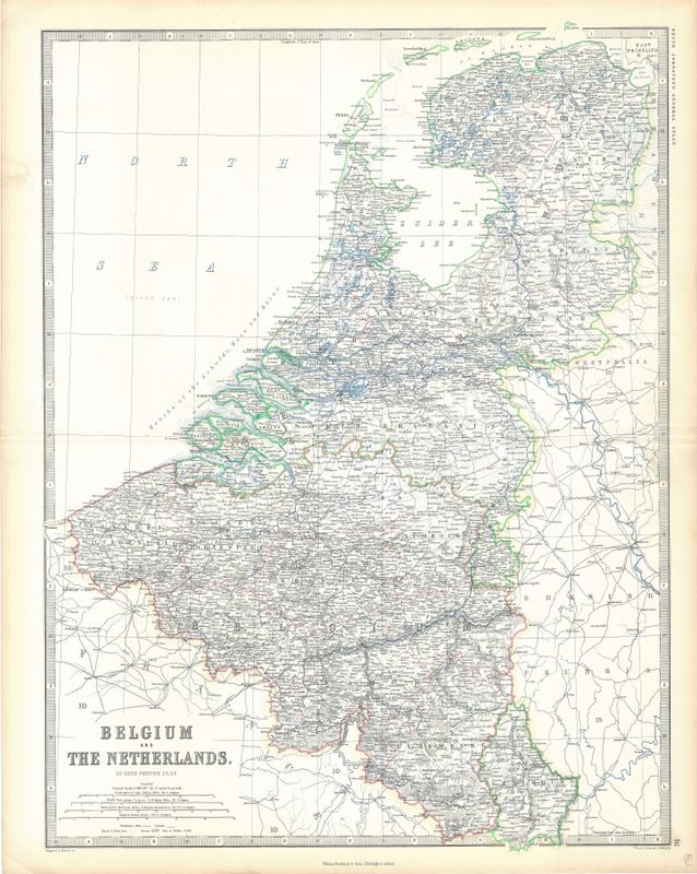 1861 Belgium &amp; Netherlands by A Keith Johnston in Steel Engraving w/ Hand Water Color