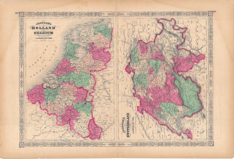 1863 Map of Holland, Belgium &amp; Switzerland by Johnson &amp; Ward in Steel Engraving w/OHC