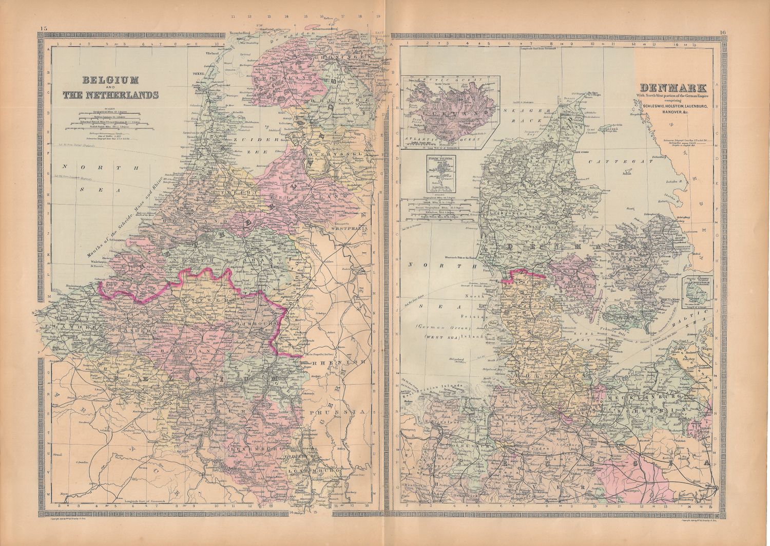1886 Map of Netherlands, Belgium, Denmark  by Bradley&#39;s