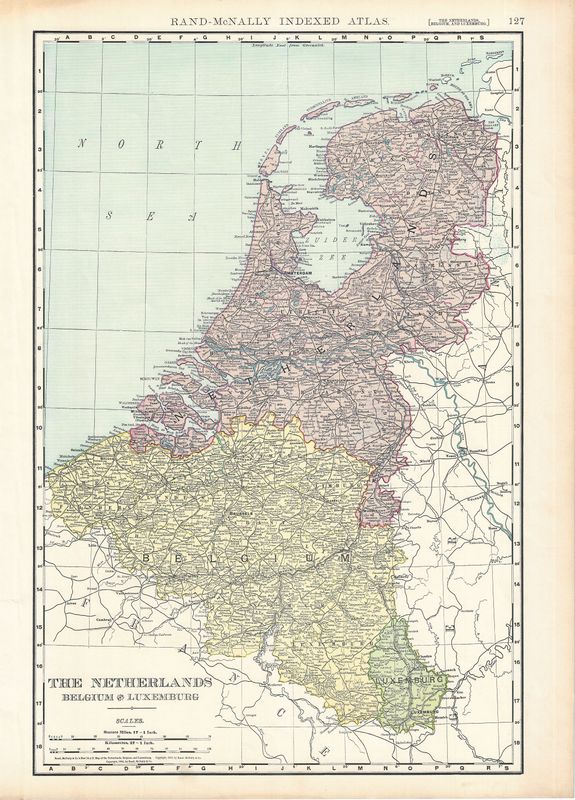 1912 Netherland &amp; Belgium by Rand McNally in Chromolithography