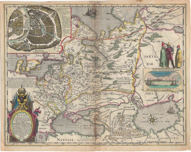 1635 Tabula Russiae by William Blaeu in Copper Engraving w Original Color 