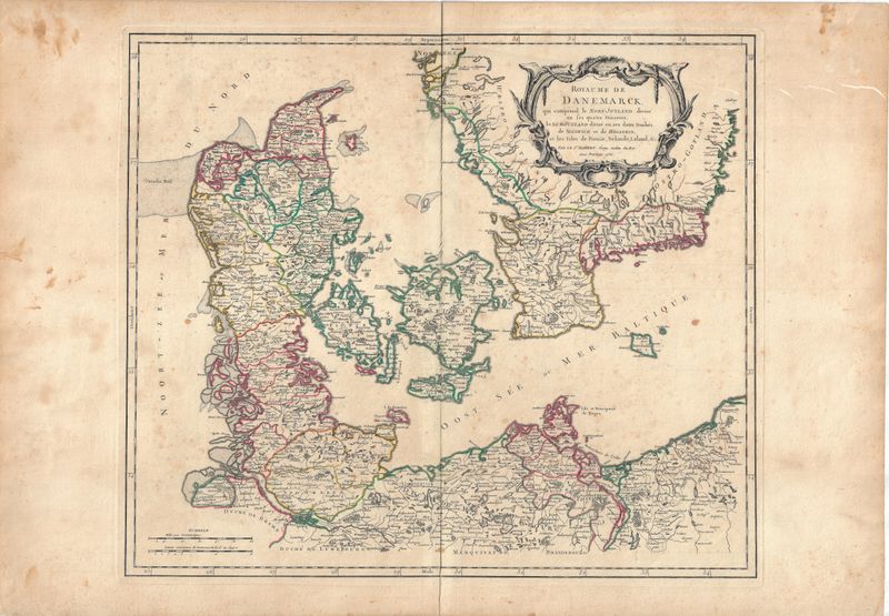 1755 Map of Denmark and Judtland by Devaugondy
