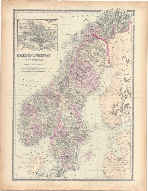 1884 Map of Sweden &amp; Norway w/Stockholm insert by Bradley's