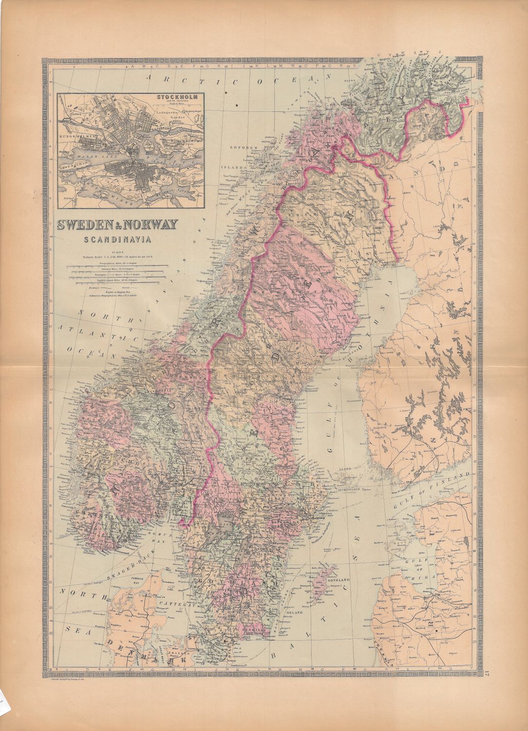 1886 Map of Sweden and Norway by Bradley&#39;s w/ stockholm insert map