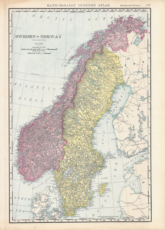 1912 Map of Norway and Sweden by Rand McNally