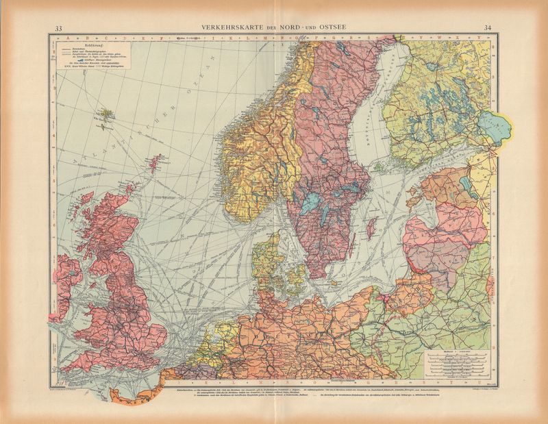 1923 Map of Scandia &amp; the Baltic Sea in German Chromolithography