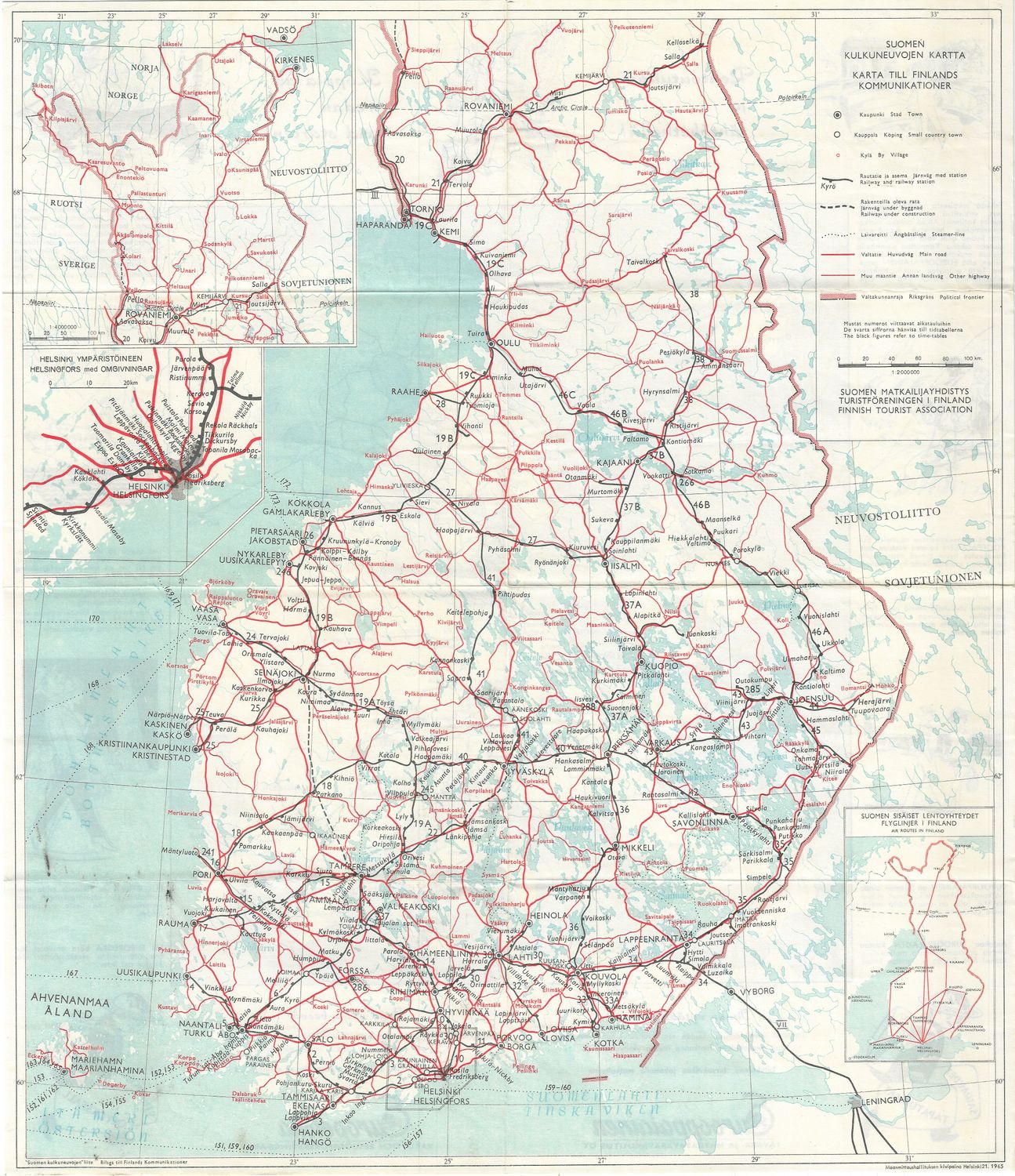 1965 Map of Finland from the Finnish Tourist Association in Offset litho