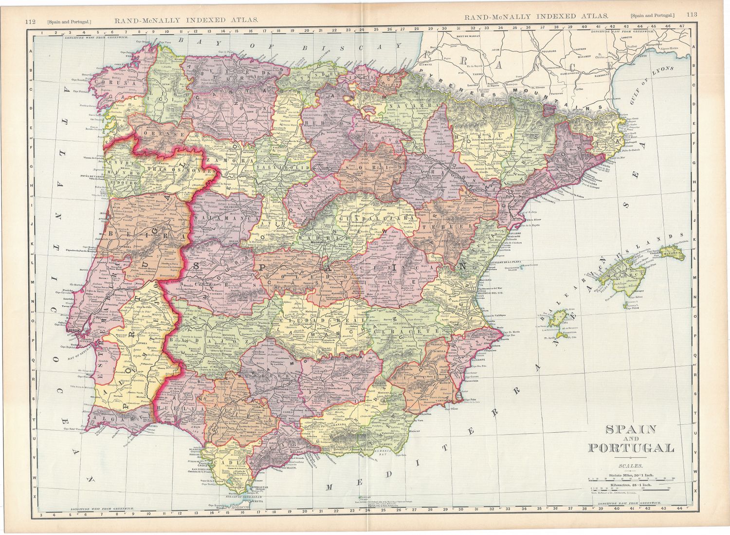 1904 Map of Spain &amp; Portugal by Rand McNally in Color Lithography