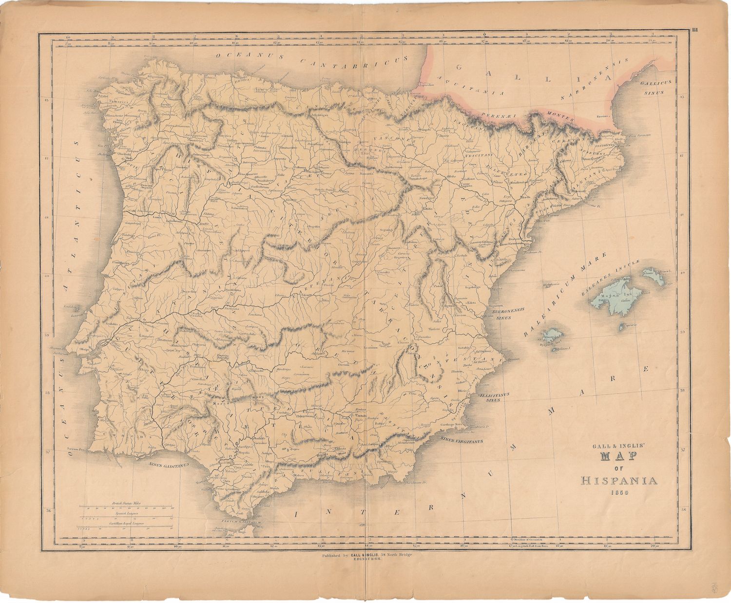 1850 Map of Hispania by Gall &amp; Inglis in Steel Engr w/OHC