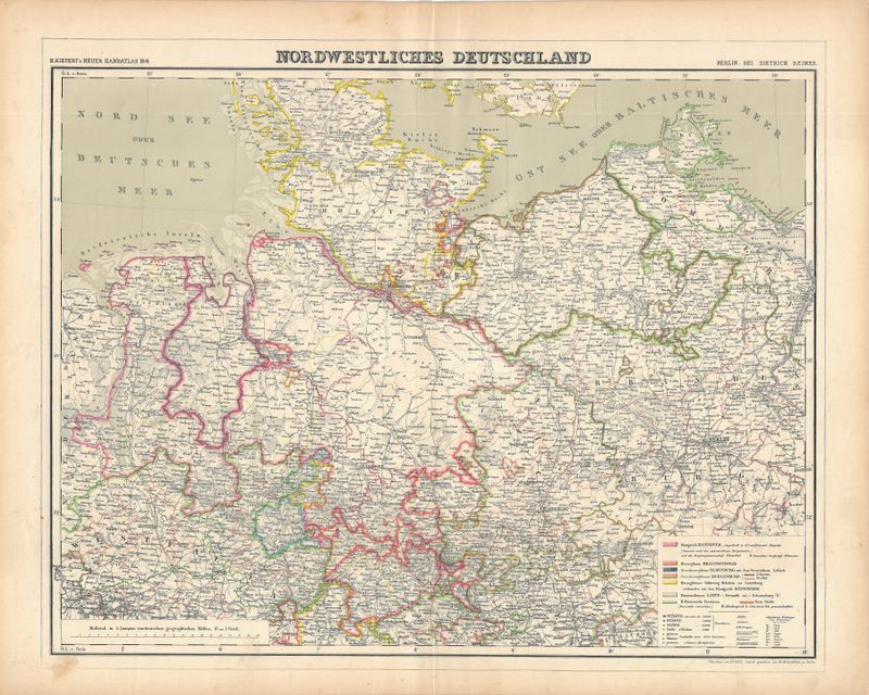 1860 Map of Nordwestliches Deutschland by H. Kiepert in Duotone Lithography w/OHC (in german)