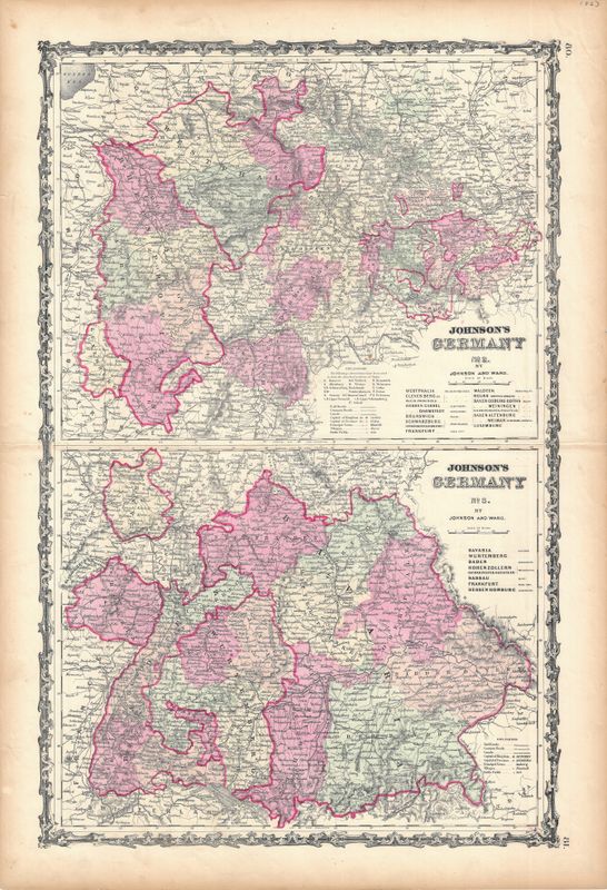 1863 Map of Germany No. 2-3 by Johnson &amp; Ward in Steel engr w/OHC