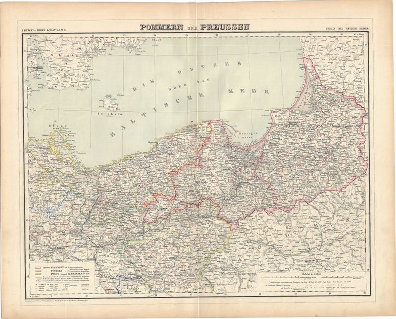 1860 Map of Pommern und Preussen by H. Kiepert in Duotone lithography w/ OHC