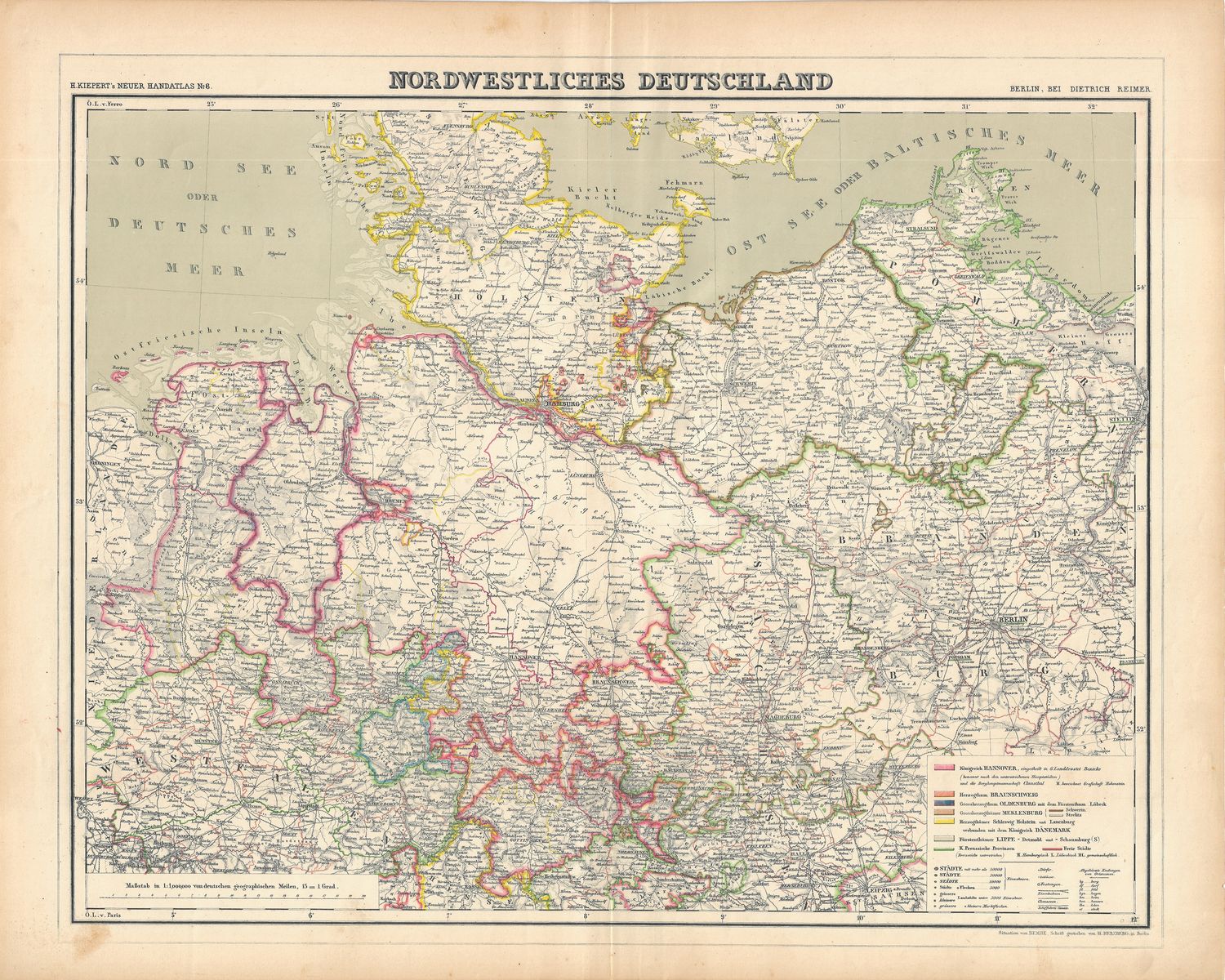 1860 Map of West Deutschland by H. Kiepert in Duotone Lithography w/OHC