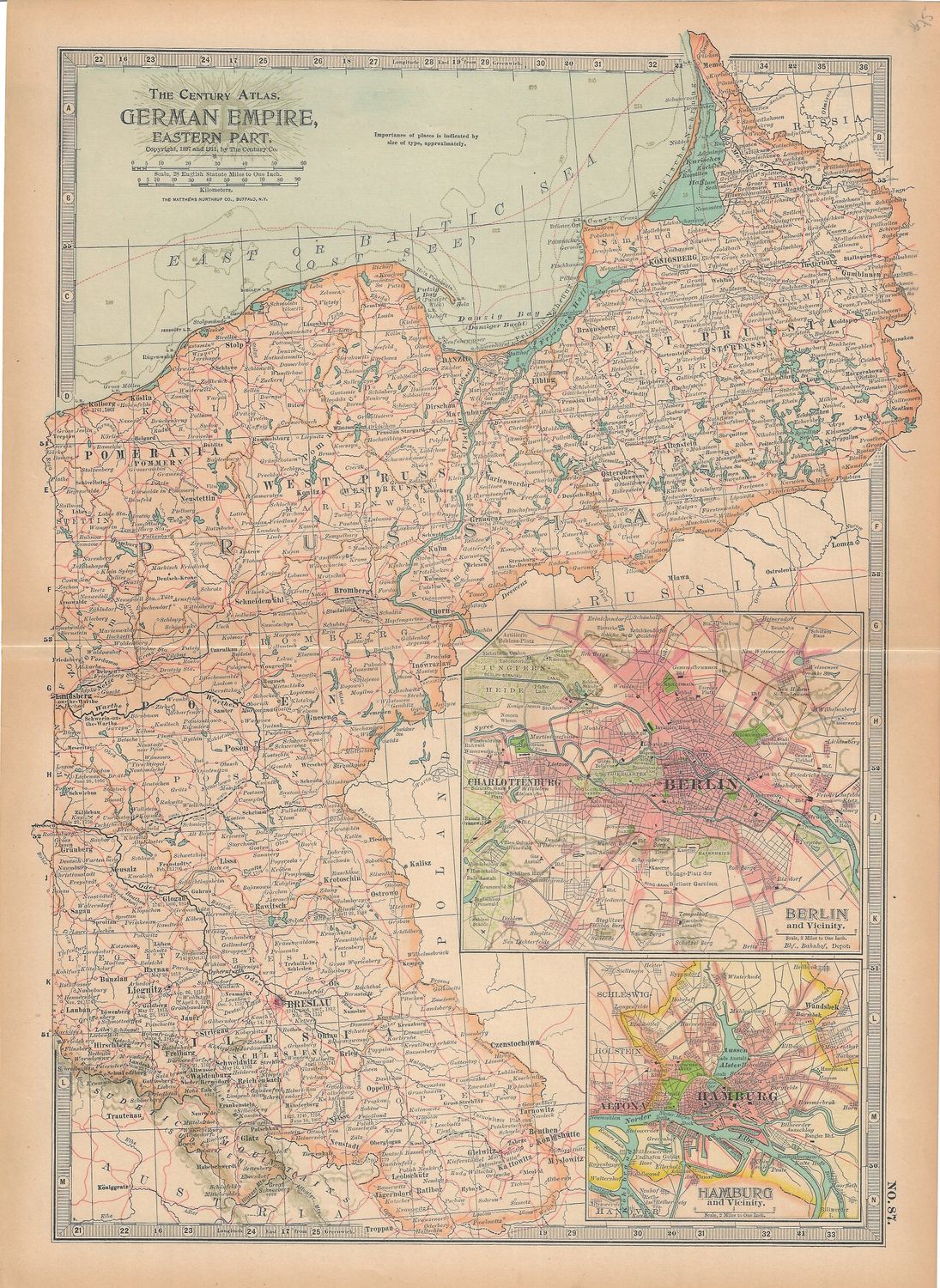 1911 (1897) Map of German Empire, Eastern part w/ Berlin &amp; Hamburg