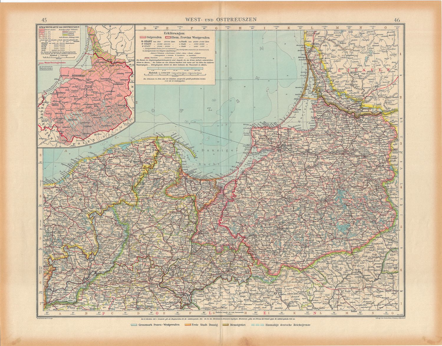 1923 Map of East and West Prussia by Stieler in Chromolithography
