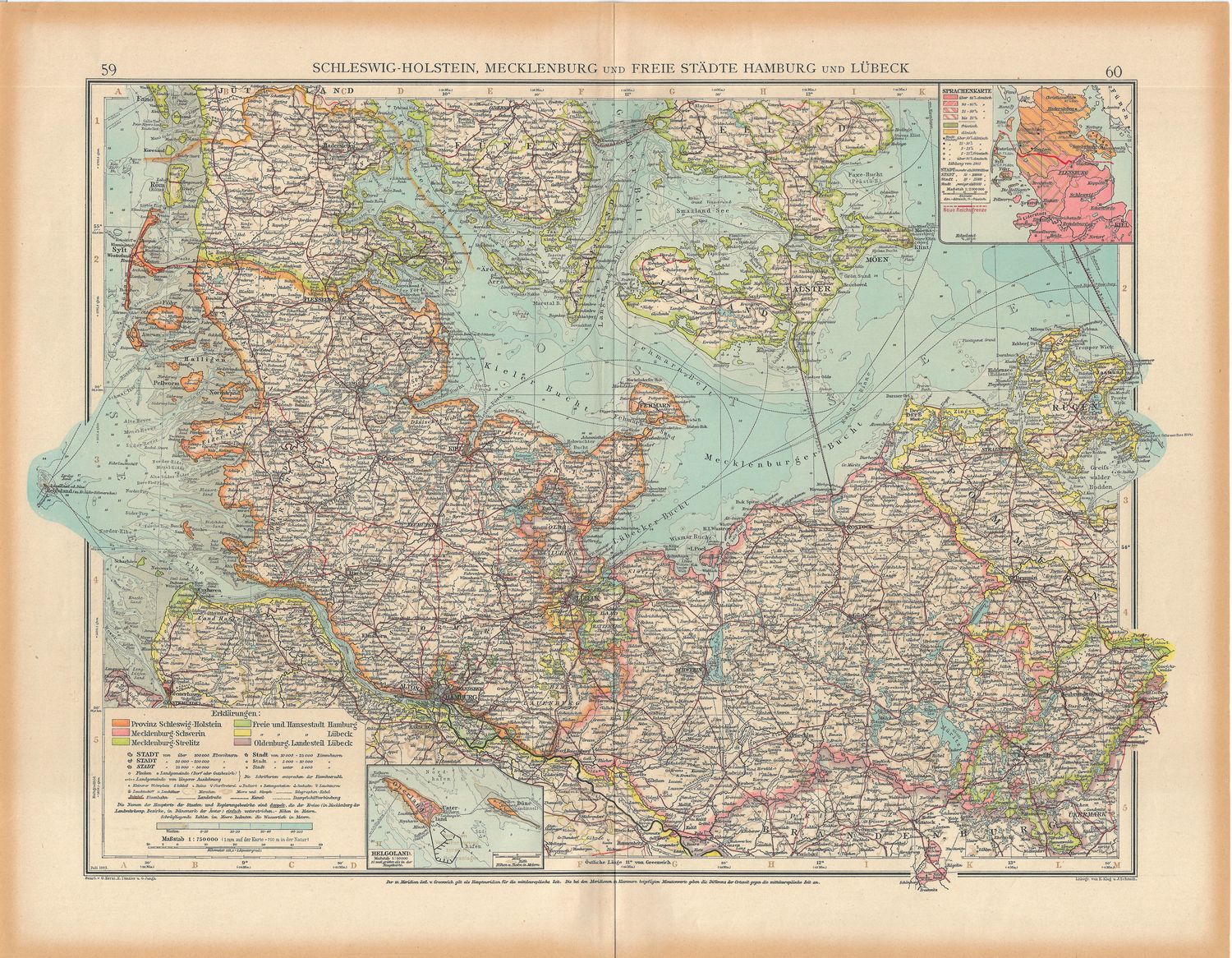 1923 Map of Holstein and Free State of Hamburg , Germany