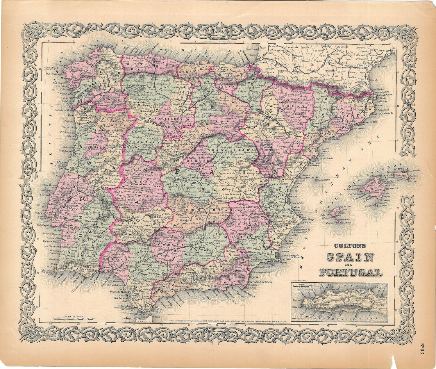 1855 Map of Spain and Portugal by GW Colton w/OHC
