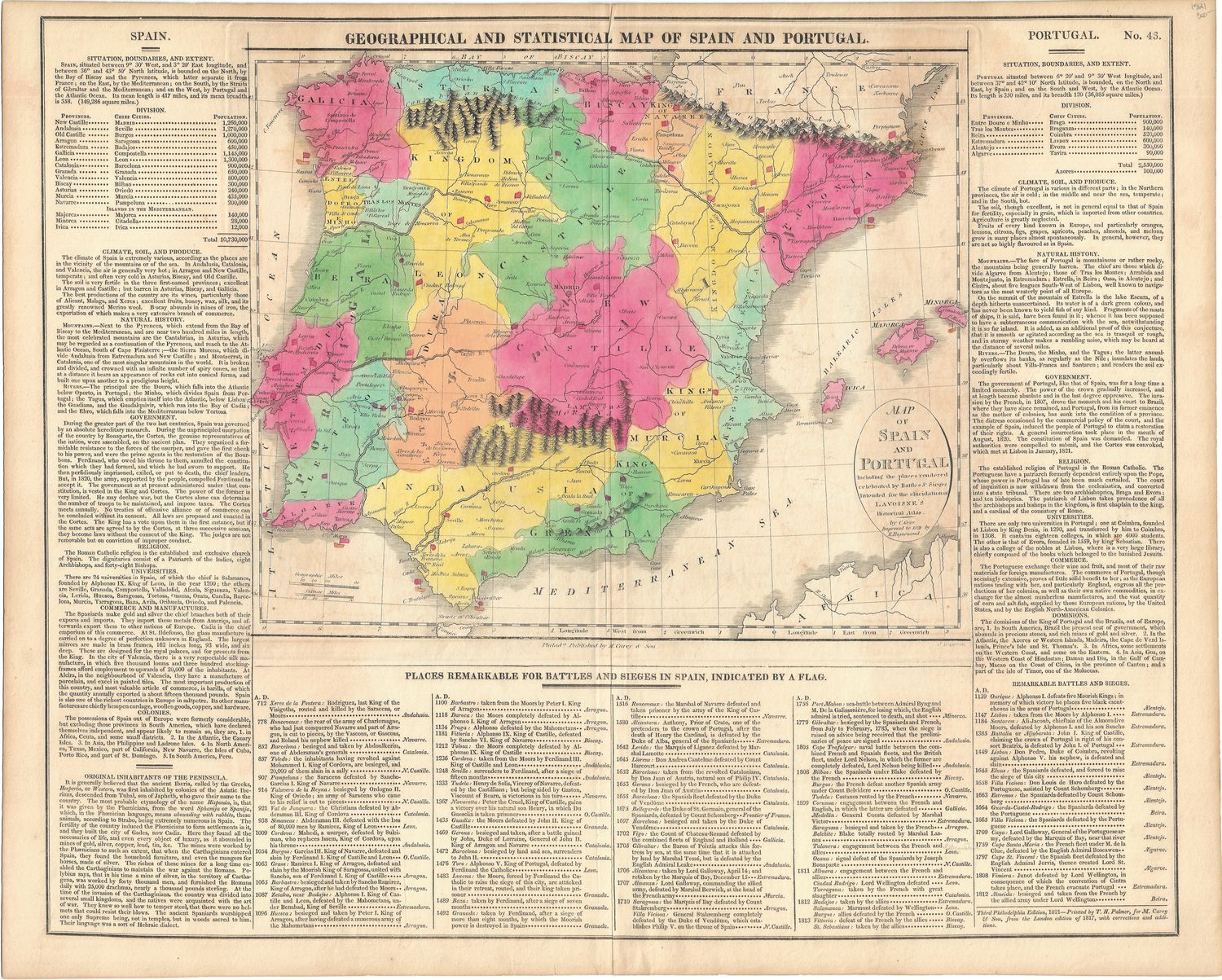 1821 Geographical and Statistical Map of Spain &amp; Portugal from the  Lavoisne&#39;s Atlas by J. Aspin