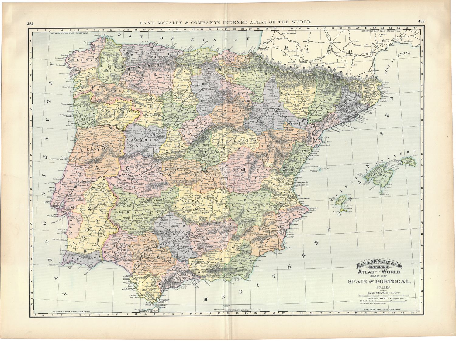 1891 Map of Spain and Portugal by Rand McNally in Chromolithography