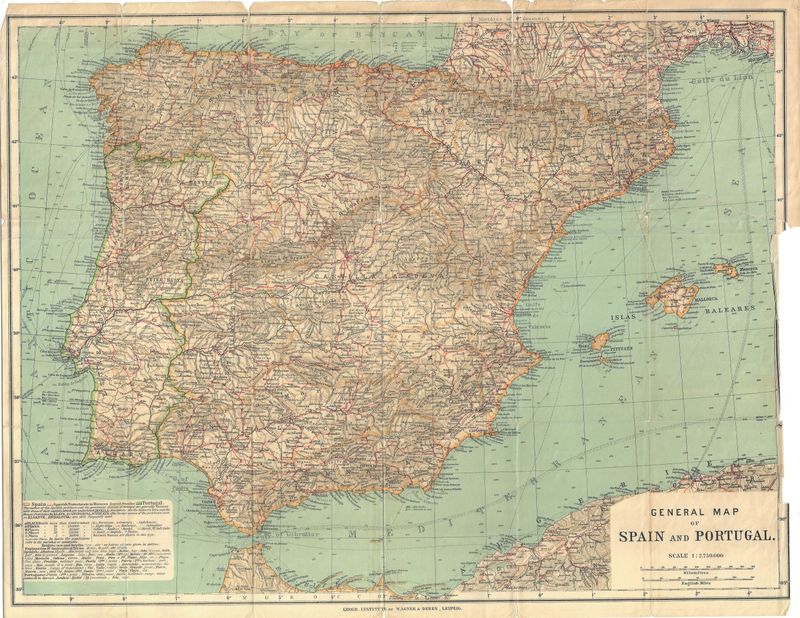 1915 Map of Spain Portugal by Wagner &amp; Debes