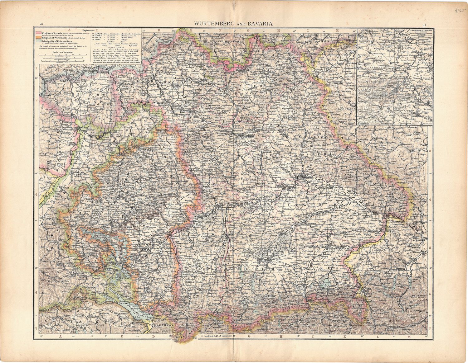 1912 Map of Wurtenbergg and Bavaria by the atlas publishing company