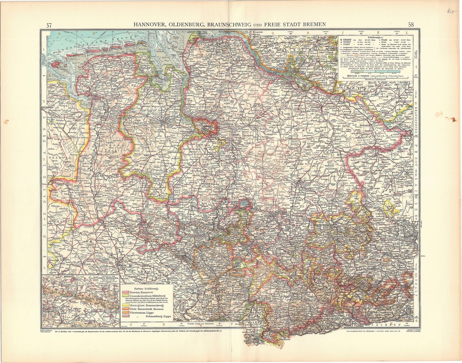 1912 Map of Hannover, Oldenburg, Braunschweig and Freie Stadt of Bremen in German