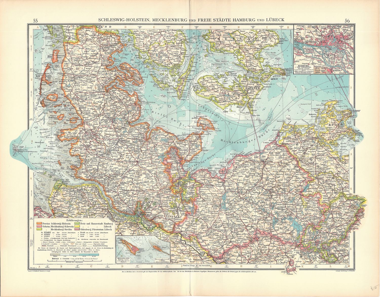 1912 Map of Schleswig-Holstein, Mecklenburg, Frei Stadte Hamburg and Lubeck in German 