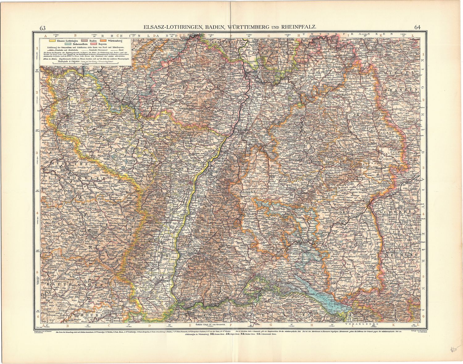1912 Map of Elsasz-Lothringen, Baden, Wurttemberg &amp; Rheinpfalz in German