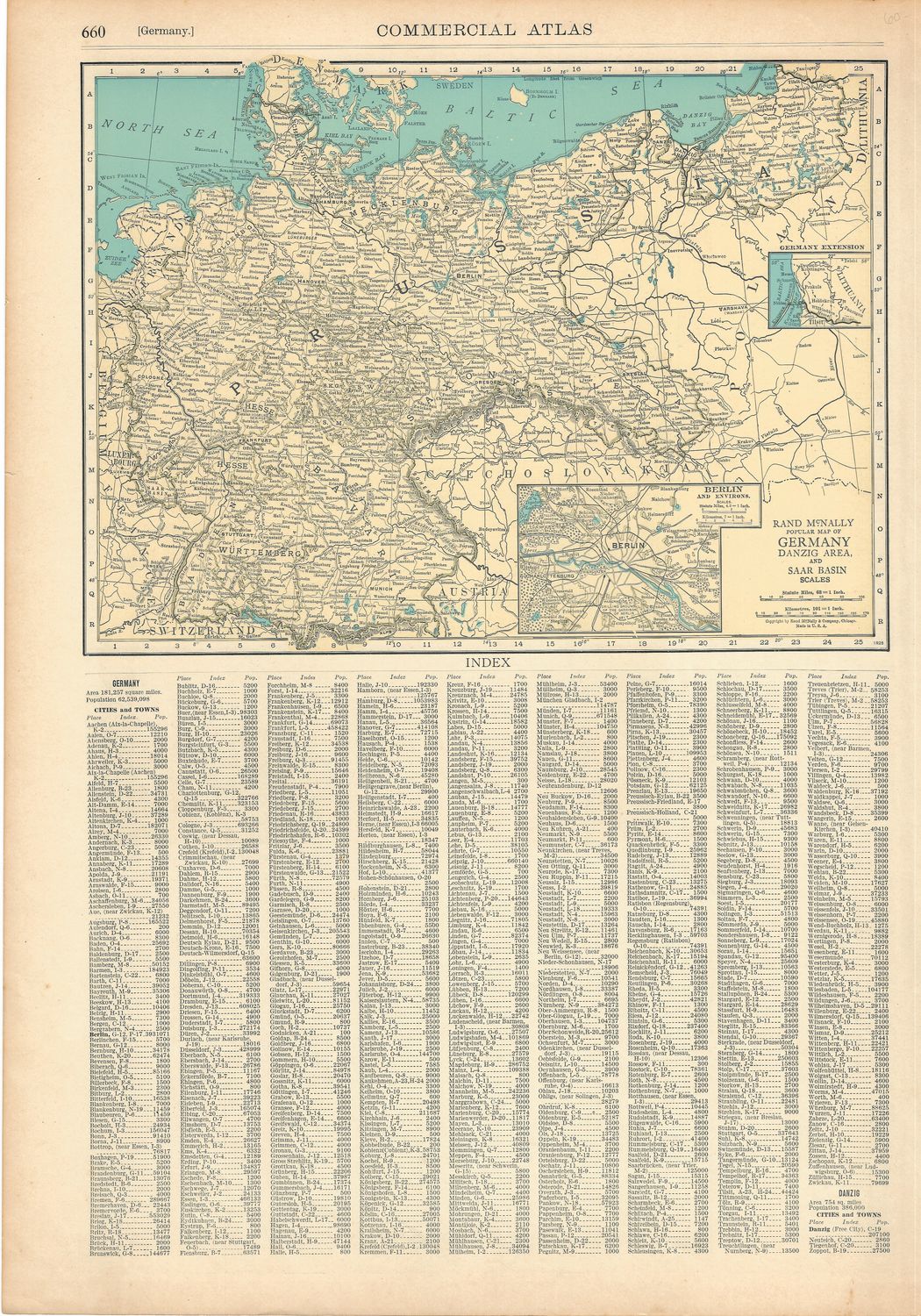 1927 Map of Germany, Danzig Area, Saar Basin w/ Berlin inset by Rand McNally