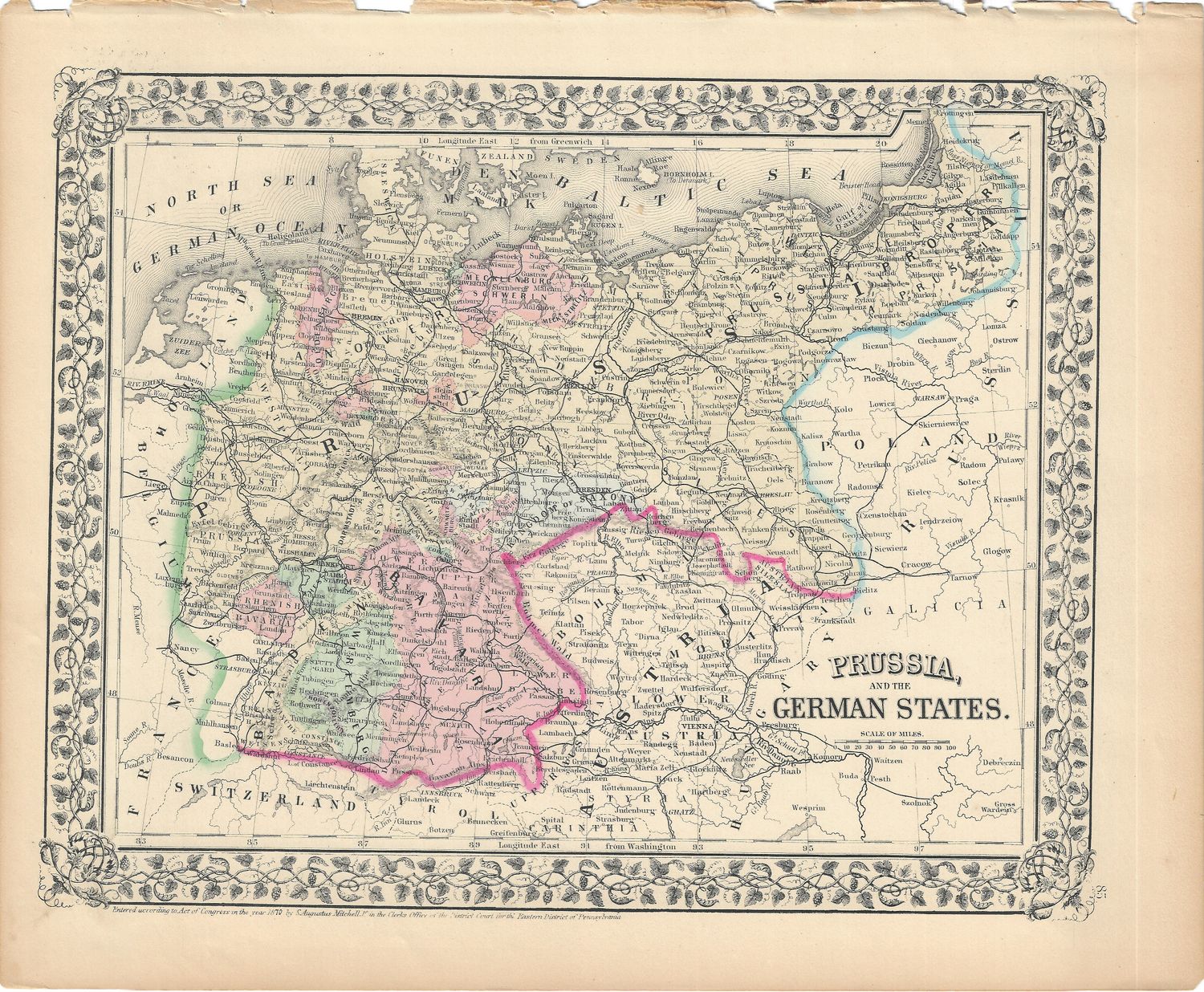 1870 Map of Prussia &amp; the German States by S. Augustus Mitchell