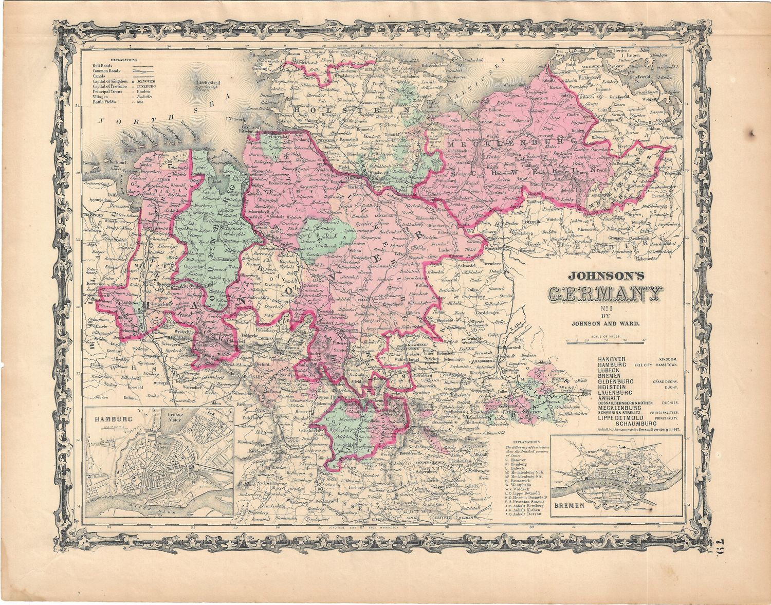 1860 Map of Germany No. 1 by Johnson &amp;  Ward in Lithography w/ OHC