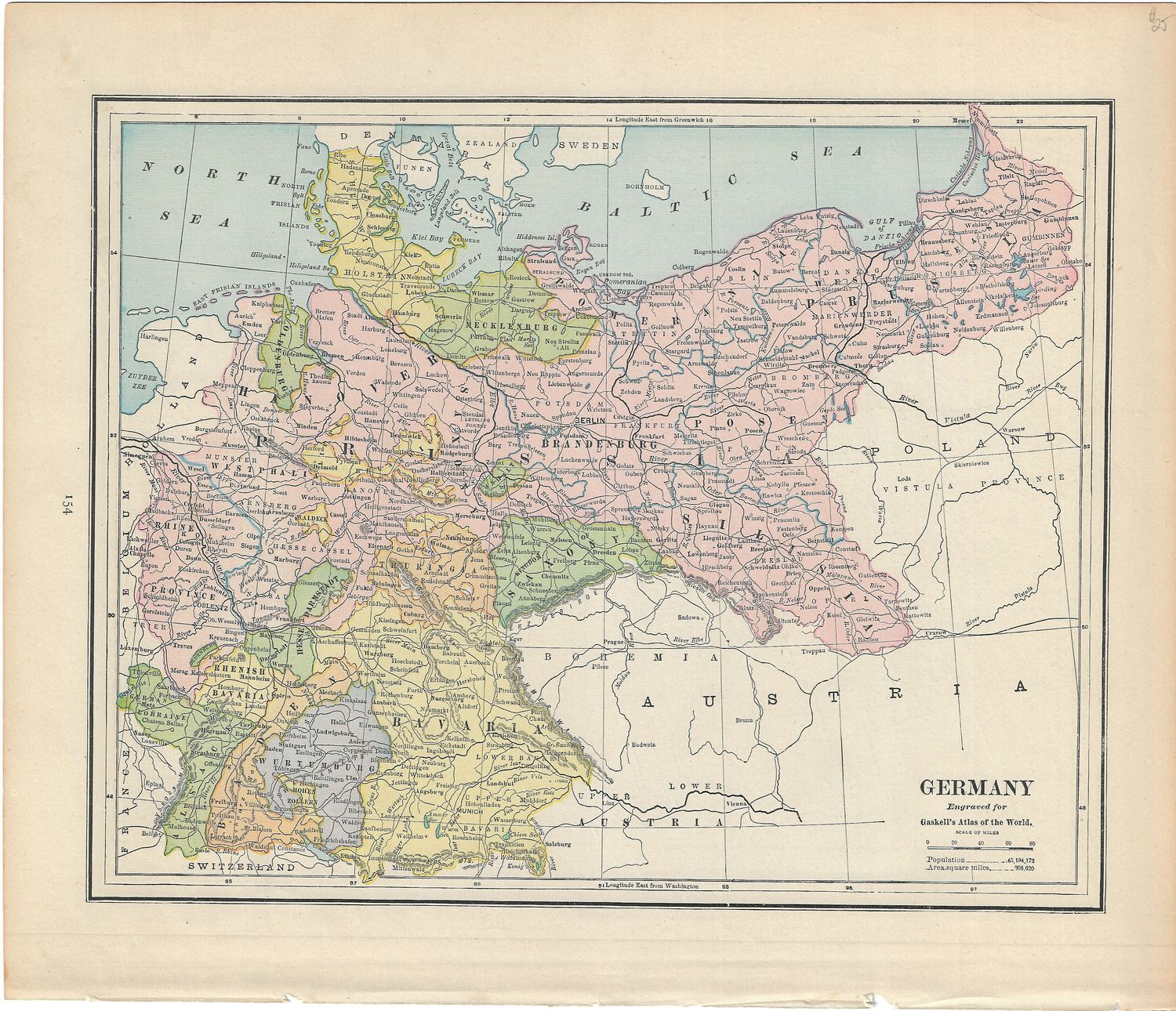 1890 Map of Germany &amp; Prussia by Gaskell's