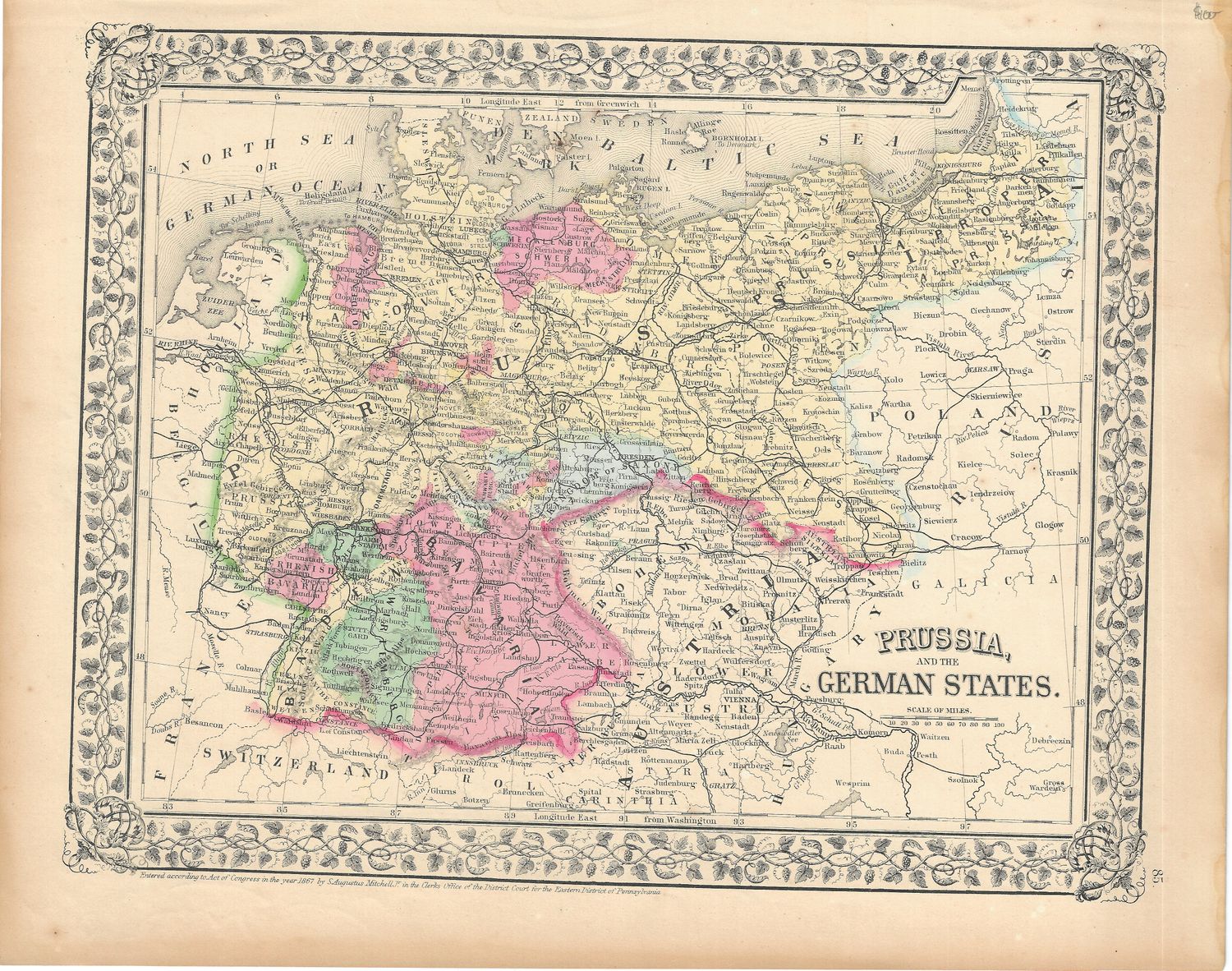 1866 (1860) Map of Prussia and German States by S. Mitchell&#39;s