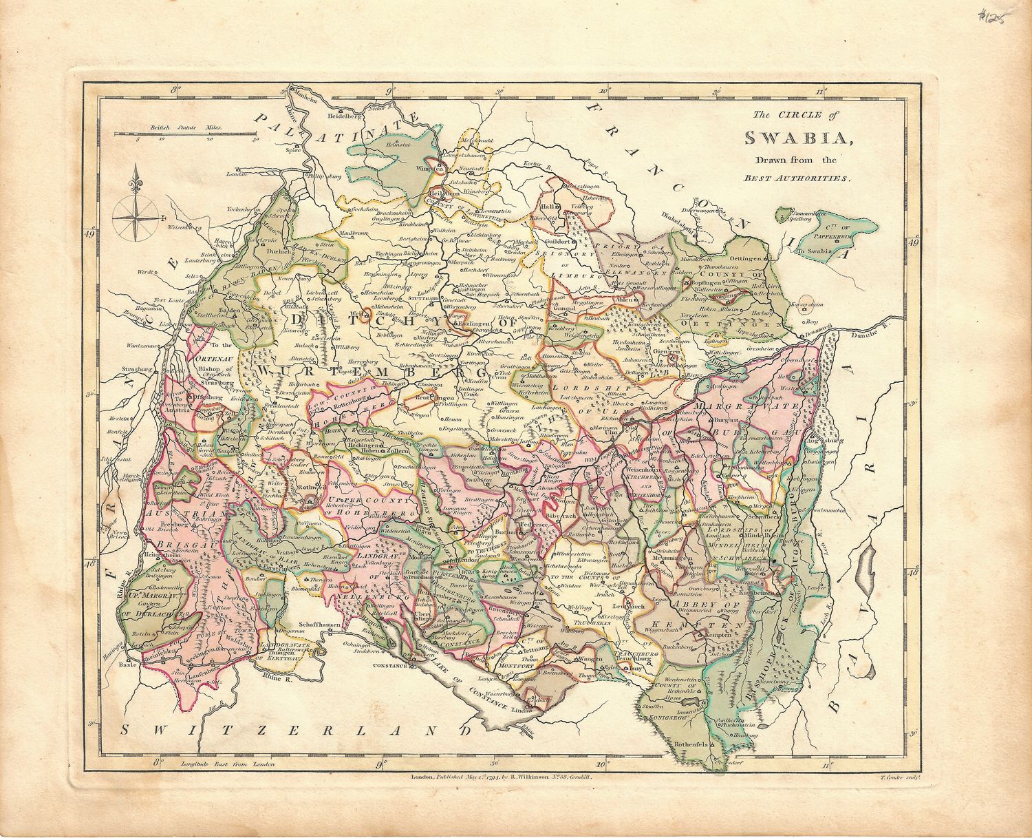 1794 Map of The Circle of Swabia by Wilkinson
