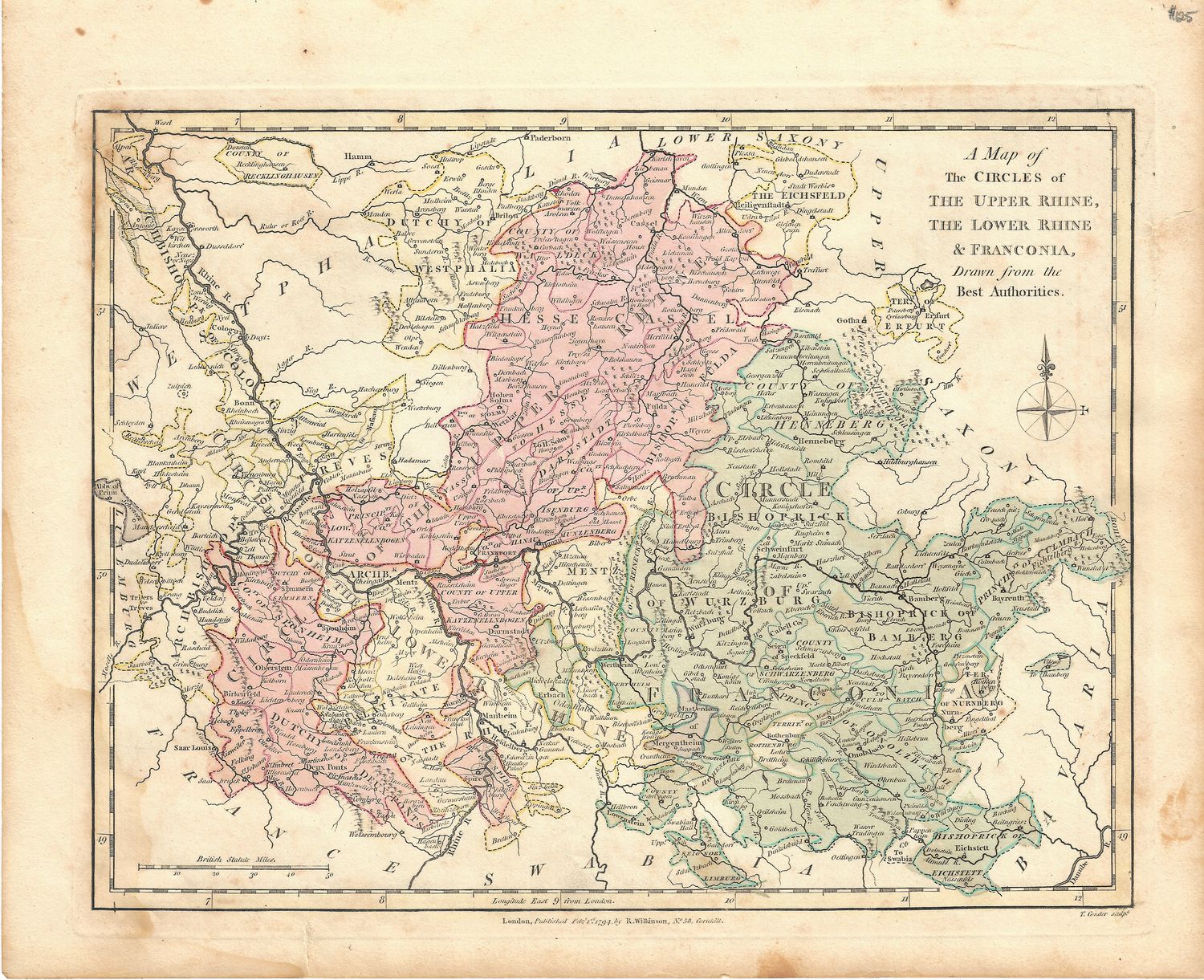 1794 Map of The Circles of the Upper and Lower Rhine &amp; Franconia by Wilkinson